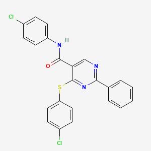 molecular formula C23H15Cl2N3OS B2659270 N-(4-氯苯基)-4-[(4-氯苯基)硫代]-2-苯基-5-嘧啶甲酰胺 CAS No. 477854-76-5