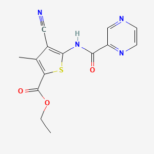 molecular formula C14H12N4O3S B2659304 Ethyl 4-cyano-3-methyl-5-(pyrazine-2-carbonylamino)thiophene-2-carboxylate CAS No. 540757-67-3