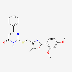 molecular formula C23H21N3O4S B2659345 2-(((2-(2,4-Dimethoxyphenyl)-5-methyloxazol-4-yl)methyl)thio)-6-phenylpyrimidin-4-ol CAS No. 1040646-71-6