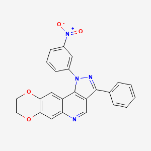 molecular formula C24H16N4O4 B2659379 12-(3-Nitrophenyl)-14-phenyl-4,7-dioxa-12,13,17-triazatetracyclo[8.7.0.0^{3,8}.0^{11,15}]heptadeca-1,3(8),9,11(15),13,16-hexaene CAS No. 901044-68-6