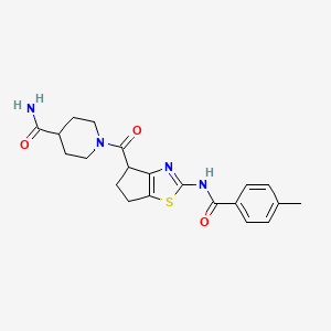 molecular formula C21H24N4O3S B2659454 1-(2-(4-methylbenzamido)-5,6-dihydro-4H-cyclopenta[d]thiazole-4-carbonyl)piperidine-4-carboxamide CAS No. 941926-62-1