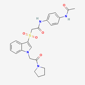 molecular formula C24H26N4O5S B2659462 N-(4-acetamidophenyl)-2-((1-(2-oxo-2-(pyrrolidin-1-yl)ethyl)-1H-indol-3-yl)sulfonyl)acetamide CAS No. 878057-06-8