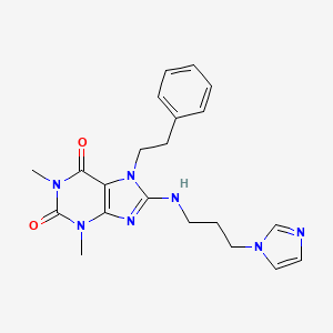 molecular formula C21H25N7O2 B2659467 8-((3-(1H-imidazol-1-yl)propyl)amino)-1,3-dimethyl-7-phenethyl-1H-purine-2,6(3H,7H)-dione CAS No. 799258-00-7