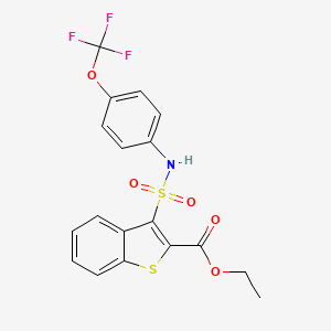 molecular formula C18H14F3NO5S2 B2659471 Ethyl 3-({[4-(trifluoromethoxy)phenyl]amino}sulfonyl)-1-benzothiophene-2-carboxylate CAS No. 932303-55-4