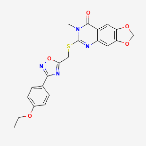 molecular formula C21H18N4O5S B2659475 6-(((3-(4-ethoxyphenyl)-1,2,4-oxadiazol-5-yl)methyl)thio)-7-methyl-[1,3]dioxolo[4,5-g]quinazolin-8(7H)-one CAS No. 1030110-29-2