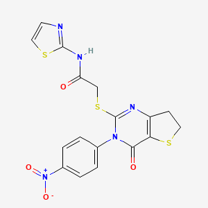 molecular formula C17H13N5O4S3 B2659511 2-((3-(4-nitrophenyl)-4-oxo-3,4,6,7-tetrahydrothieno[3,2-d]pyrimidin-2-yl)thio)-N-(thiazol-2-yl)acetamide CAS No. 850915-98-9