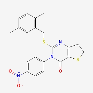 molecular formula C21H19N3O3S2 B2659520 2-[(2,5-Dimethylphenyl)methylsulfanyl]-3-(4-nitrophenyl)-6,7-dihydrothieno[3,2-d]pyrimidin-4-one CAS No. 850916-02-8