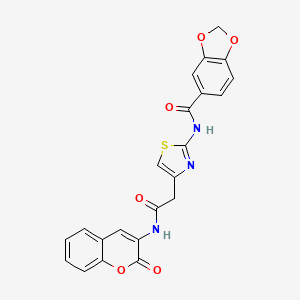 molecular formula C22H15N3O6S B2659523 N-(4-(2-oxo-2-((2-oxo-2H-chromen-3-yl)amino)ethyl)thiazol-2-yl)benzo[d][1,3]dioxole-5-carboxamide CAS No. 1202994-87-3