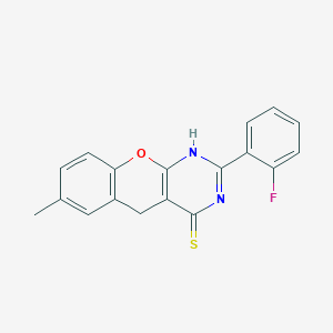 molecular formula C18H13FN2OS B2659560 2-(2-Fluorophenyl)-7-methyl-1,5-dihydrochromeno[2,3-d]pyrimidine-4-thione CAS No. 866808-03-9