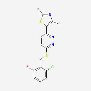 molecular formula C16H13ClFN3S2 B2659571 5-(6-((2-Chloro-6-fluorobenzyl)thio)pyridazin-3-yl)-2,4-dimethylthiazole CAS No. 896058-74-5