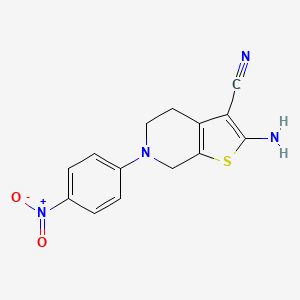 molecular formula C14H12N4O2S B2659576 2-Amino-6-(4-nitrophenyl)-4,5,6,7-tetrahydrothieno[2,3-c]pyridine-3-carbonitrile CAS No. 338413-84-6
