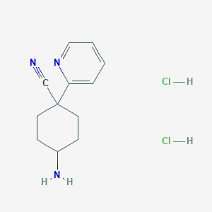 molecular formula C12H17Cl2N3 B2659582 4-Amino-1-pyridin-2-ylcyclohexane-1-carbonitrile;dihydrochloride CAS No. 2248349-30-4