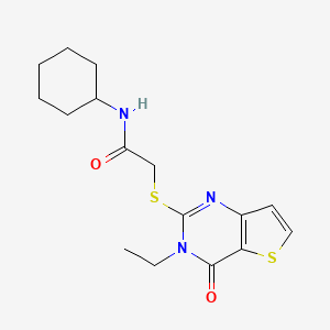 molecular formula C16H21N3O2S2 B2659620 N-cyclohexyl-2-[(3-ethyl-4-oxo-3,4-dihydrothieno[3,2-d]pyrimidin-2-yl)sulfanyl]acetamide CAS No. 1252852-46-2