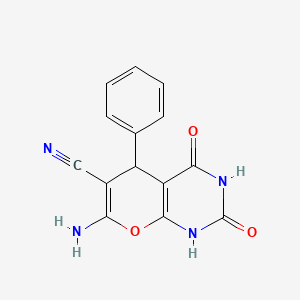 molecular formula C14H10N4O3 B2659696 7-amino-2,4-dioxo-5-phenyl-1,3,4,5-tetrahydro-2H-pyrano[2,3-d]pyrimidine-6-carbonitrile CAS No. 94988-86-0