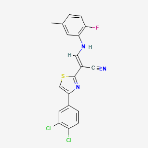 molecular formula C19H12Cl2FN3S B2659727 (2E)-2-[4-(3,4-dichlorophenyl)-1,3-thiazol-2-yl]-3-[(2-fluoro-5-methylphenyl)amino]prop-2-enenitrile CAS No. 477297-76-0