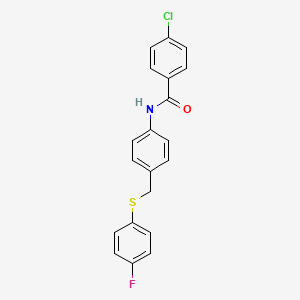 molecular formula C20H15ClFNOS B2659760 4-chloro-N-(4-{[(4-fluorophenyl)sulfanyl]methyl}phenyl)benzenecarboxamide CAS No. 338398-83-7