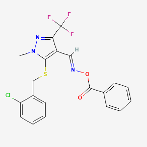 molecular formula C20H15ClF3N3O2S B2659765 N-(benzoyloxy)-N-{[5-[(2-chlorobenzyl)sulfanyl]-1-methyl-3-(trifluoromethyl)-1H-pyrazol-4-yl]methylene}amine CAS No. 321553-55-3