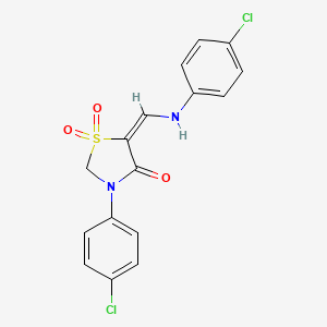 molecular formula C16H12Cl2N2O3S B2659802 5-[(4-Chloroanilino)methylene]-3-(4-chlorophenyl)-1lambda~6~,3-thiazolane-1,1,4-trione CAS No. 338751-74-9