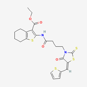 molecular formula C23H24N2O4S4 B2659873 (E)-ethyl 2-(4-(4-oxo-5-(thiophen-2-ylmethylene)-2-thioxothiazolidin-3-yl)butanamido)-4,5,6,7-tetrahydrobenzo[b]thiophene-3-carboxylate CAS No. 315235-86-0