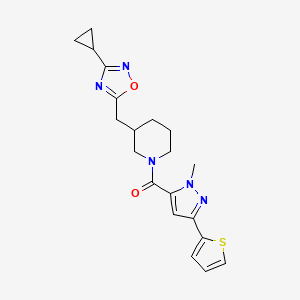 molecular formula C20H23N5O2S B2659876 (3-((3-cyclopropyl-1,2,4-oxadiazol-5-yl)methyl)piperidin-1-yl)(1-methyl-3-(thiophen-2-yl)-1H-pyrazol-5-yl)methanone CAS No. 1705938-78-8