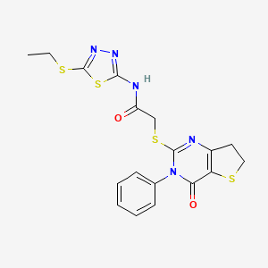 molecular formula C18H17N5O2S4 B2659900 N-(5-(ethylthio)-1,3,4-thiadiazol-2-yl)-2-((4-oxo-3-phenyl-3,4,6,7-tetrahydrothieno[3,2-d]pyrimidin-2-yl)thio)acetamide CAS No. 850915-18-3
