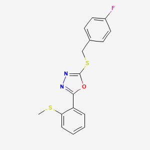 molecular formula C16H13FN2OS2 B2659941 4-Fluorobenzyl 5-[2-(methylsulfanyl)phenyl]-1,3,4-oxadiazol-2-yl sulfide CAS No. 339015-41-7