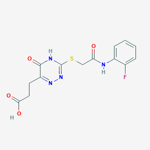 molecular formula C14H13FN4O4S B2659964 3-(3-((2-((2-Fluorophenyl)amino)-2-oxoethyl)thio)-5-oxo-4,5-dihydro-1,2,4-triazin-6-yl)propanoic acid CAS No. 898607-44-8