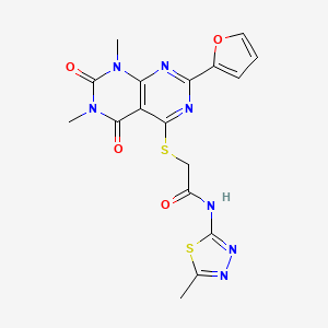 molecular formula C17H15N7O4S2 B2660053 2-((2-(furan-2-yl)-6,8-dimethyl-5,7-dioxo-5,6,7,8-tetrahydropyrimido[4,5-d]pyrimidin-4-yl)thio)-N-(5-methyl-1,3,4-thiadiazol-2-yl)acetamide CAS No. 863003-72-9