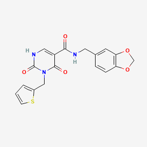 molecular formula C18H15N3O5S B2660111 N-(benzo[d][1,3]dioxol-5-ylmethyl)-2,4-dioxo-3-(thiophen-2-ylmethyl)-1,2,3,4-tetrahydropyrimidine-5-carboxamide CAS No. 1396881-02-9