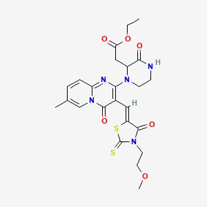 molecular formula C24H27N5O6S2 B2660130 (Z)-ethyl 2-(1-(3-((3-(2-methoxyethyl)-4-oxo-2-thioxothiazolidin-5-ylidene)methyl)-7-methyl-4-oxo-4H-pyrido[1,2-a]pyrimidin-2-yl)-3-oxopiperazin-2-yl)acetate CAS No. 1031358-91-4