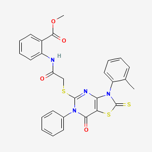 molecular formula C28H22N4O4S3 B2660192 Methyl 2-[[2-[[3-(2-methylphenyl)-7-oxo-6-phenyl-2-sulfanylidene-[1,3]thiazolo[4,5-d]pyrimidin-5-yl]sulfanyl]acetyl]amino]benzoate CAS No. 422525-64-2
