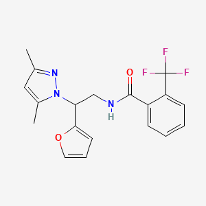 molecular formula C19H18F3N3O2 B2660230 N-(2-(3,5-dimethyl-1H-pyrazol-1-yl)-2-(furan-2-yl)ethyl)-2-(trifluoromethyl)benzamide CAS No. 2034592-65-7