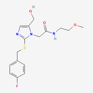 molecular formula C16H20FN3O3S B2660238 2-(2-((4-fluorobenzyl)thio)-5-(hydroxymethyl)-1H-imidazol-1-yl)-N-(2-methoxyethyl)acetamide CAS No. 921820-47-5