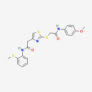 molecular formula C21H21N3O3S3 B2660274 N-(4-methoxyphenyl)-2-((4-(2-((2-(methylthio)phenyl)amino)-2-oxoethyl)thiazol-2-yl)thio)acetamide CAS No. 941980-46-7