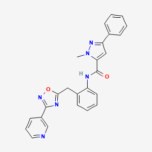 molecular formula C25H20N6O2 B2660311 1-methyl-3-phenyl-N-(2-((3-(pyridin-3-yl)-1,2,4-oxadiazol-5-yl)methyl)phenyl)-1H-pyrazole-5-carboxamide CAS No. 1797303-82-2