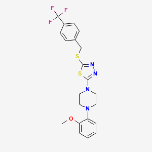 molecular formula C21H21F3N4OS2 B2660370 2-(4-(2-Methoxyphenyl)piperazin-1-yl)-5-((4-(trifluoromethyl)benzyl)thio)-1,3,4-thiadiazole CAS No. 1105222-90-9