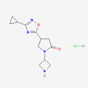 molecular formula C12H17ClN4O2 B2660400 1-(Azetidin-3-yl)-4-(3-cyclopropyl-1,2,4-oxadiazol-5-yl)pyrrolidin-2-one hydrochloride CAS No. 2137836-71-4