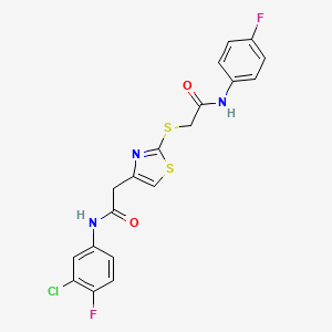 molecular formula C19H14ClF2N3O2S2 B2660484 N-(3-chloro-4-fluorophenyl)-2-(2-((2-((4-fluorophenyl)amino)-2-oxoethyl)thio)thiazol-4-yl)acetamide CAS No. 942001-21-0