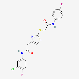 molecular formula C19H14ClF2N3O2S2 B2660484 2-[(4-{[(3-chloro-4-fluorophenyl)carbamoyl]methyl}-1,3-thiazol-2-yl)sulfanyl]-N-(4-fluorophenyl)acetamide CAS No. 942001-21-0