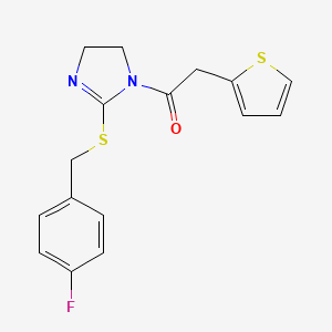 molecular formula C16H15FN2OS2 B2660536 1-[2-[(4-Fluorophenyl)methylsulfanyl]-4,5-dihydroimidazol-1-yl]-2-thiophen-2-ylethanone CAS No. 851800-22-1