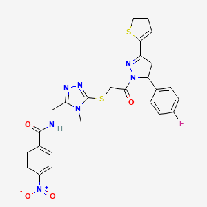 molecular formula C26H22FN7O4S2 B2660540 N-[[5-[2-[3-(4-fluorophenyl)-5-thiophen-2-yl-3,4-dihydropyrazol-2-yl]-2-oxoethyl]sulfanyl-4-methyl-1,2,4-triazol-3-yl]methyl]-4-nitrobenzamide CAS No. 393583-17-0