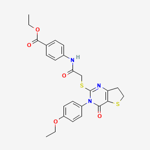molecular formula C25H25N3O5S2 B2660550 Ethyl 4-(2-((3-(4-ethoxyphenyl)-4-oxo-3,4,6,7-tetrahydrothieno[3,2-d]pyrimidin-2-yl)thio)acetamido)benzoate CAS No. 362502-01-0