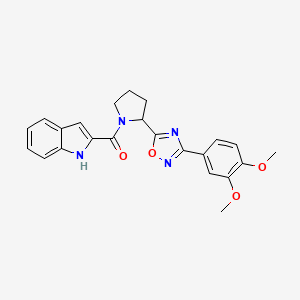 molecular formula C23H22N4O4 B2660572 2-({2-[3-(3,4-dimethoxyphenyl)-1,2,4-oxadiazol-5-yl]pyrrolidin-1-yl}carbonyl)-1H-indole CAS No. 1791411-36-3
