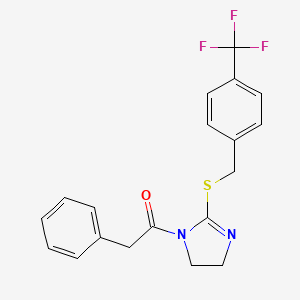 molecular formula C19H17F3N2OS B2660670 2-phenyl-1-(2-((4-(trifluoromethyl)benzyl)thio)-4,5-dihydro-1H-imidazol-1-yl)ethanone CAS No. 851806-35-4
