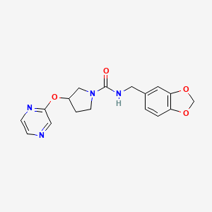 molecular formula C17H18N4O4 B2660709 N-(benzo[d][1,3]dioxol-5-ylmethyl)-3-(pyrazin-2-yloxy)pyrrolidine-1-carboxamide CAS No. 2034396-66-0