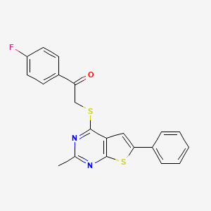 molecular formula C21H15FN2OS2 B2660803 1-(4-Fluorophenyl)-2-((2-methyl-6-phenylthieno[2,3-d]pyrimidin-4-yl)thio)ethanone CAS No. 315708-49-7