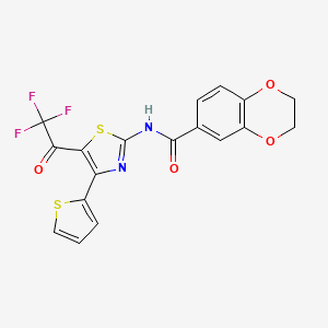 molecular formula C18H11F3N2O4S2 B2660997 N-(4-(thiophen-2-yl)-5-(2,2,2-trifluoroacetyl)thiazol-2-yl)-2,3-dihydrobenzo[b][1,4]dioxine-6-carboxamide CAS No. 477554-75-9