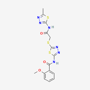 molecular formula C15H14N6O3S3 B2661077 2-methoxy-N-[5-[2-[(5-methyl-1,3,4-thiadiazol-2-yl)amino]-2-oxoethyl]sulfanyl-1,3,4-thiadiazol-2-yl]benzamide CAS No. 392319-15-2