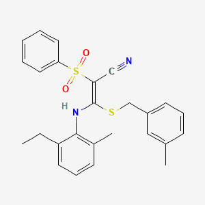 (E)-3-((2-ethyl-6-methylphenyl)amino)-3-((3-methylbenzyl)thio)-2-(phenylsulfonyl)acrylonitrile
