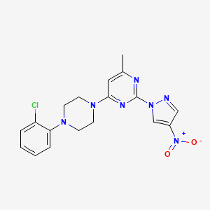 molecular formula C18H18ClN7O2 B2661285 4-[4-(2-Chlorophenyl)piperazin-1-yl]-6-methyl-2-(4-nitropyrazol-1-yl)pyrimidine CAS No. 1001502-68-6